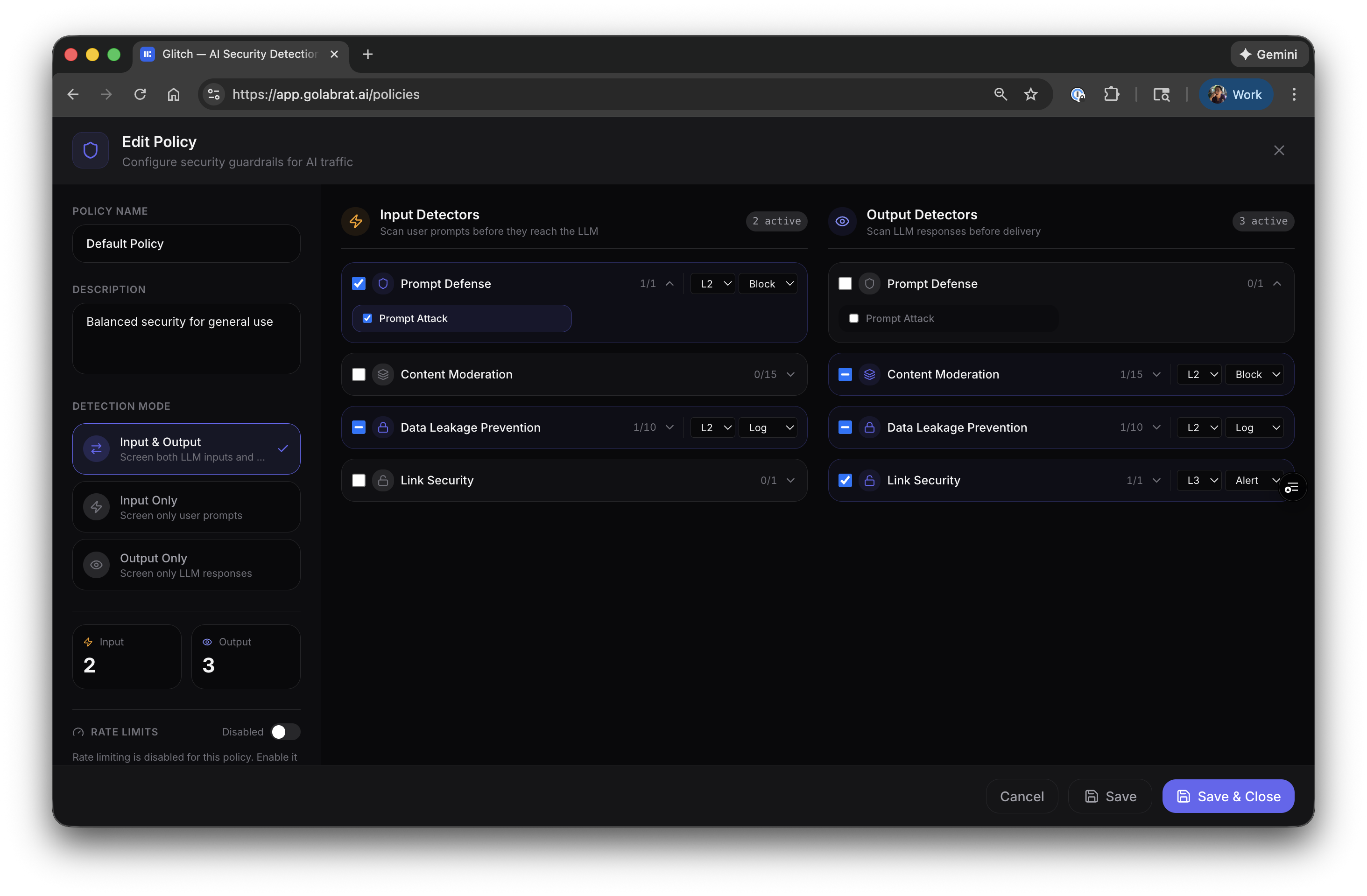 Edit Policy with Input and Output Detectors