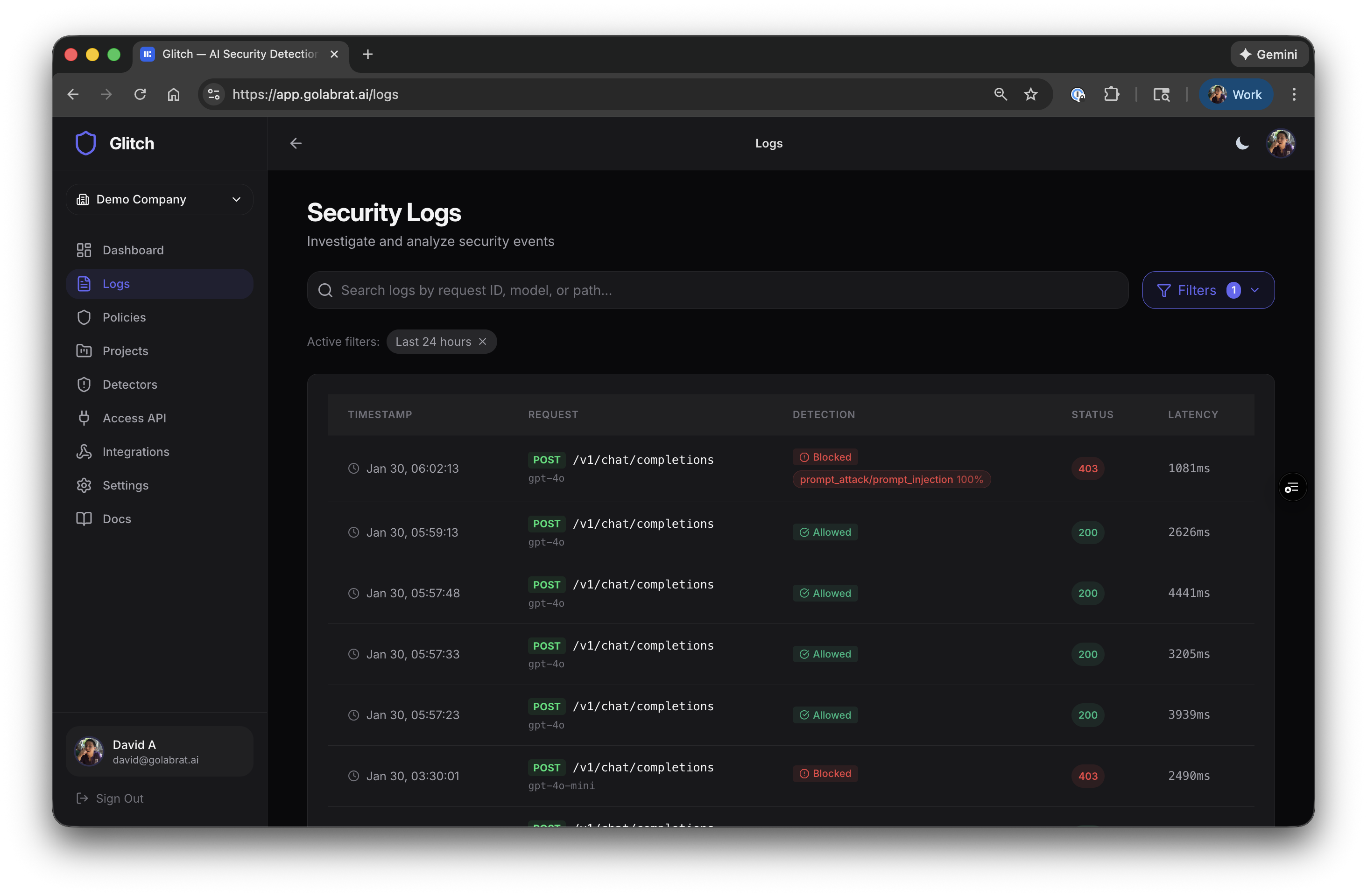 Security Logs showing blocked and allowed requests